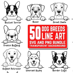 Puede incluir: Ilustración en blanco y negro de 12 razas de perros, incluyendo un Boston Terrier, Boxer, Gran Danés y Pastor Alemán. La imagen incluye el texto "50 DOG BREEDS LINE ART SVG AND PNG BUNDLE TRANSPARENT BACKGROUND."