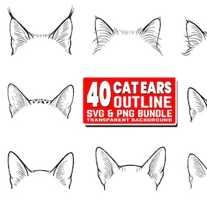 40 katthuvuden och öron kontur SVG och PNG-paket | Kattöron silhuett och SVG-klippfiler | Katthuvuden clipart-paket