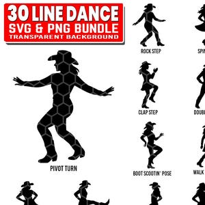 以下が含まれることがあります： ロックステップ、スピンターン、ピボットターンなど、さまざまなポーズをとるラインダンサーの黒いシルエットが描かれたグラフィック。テキスト「30 LINE DANCE SVG & PNG BUNDLE TRANSPARENT BACKGROUND」が上部の赤いボックスに表示されています。