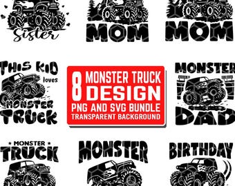 8 projektów Monster Trucks w formatach SVG i PNG | Sylwetki Monster Trucks i pliki SVG Cut dla Cricut | Projekty Monster Trucks na koszulki i kubki