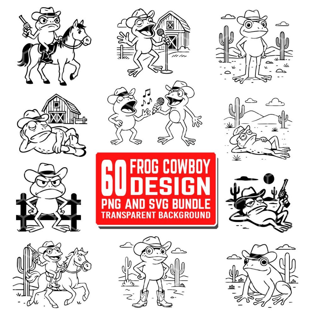 Cowboy Frog Sticker 60 Cowboy Frog SVG and PNG Bundle Designs | Cowboy Frog Silhouette and ...