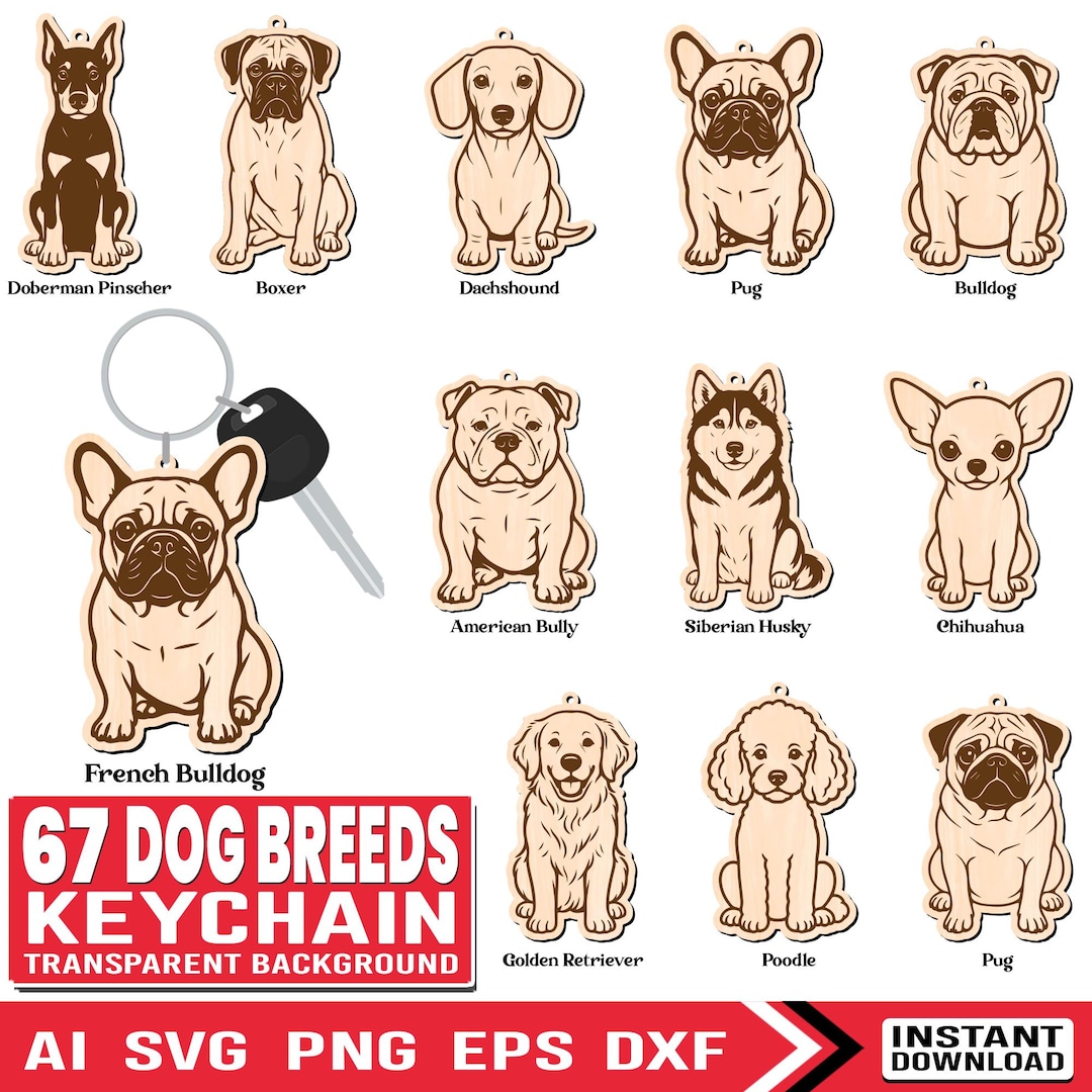 67 Dog Breeds Keychain SVG and PNG Bundle Designs | Dog Breeds Heads ...