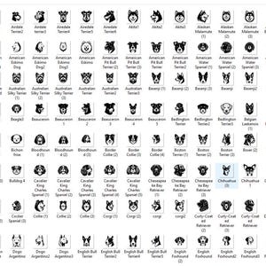Pu&ograve; includere: Illustrazioni in bianco e nero di varie razze di cani, tra cui l'Affenpinscher, l'American Bulldog, l'Australian Shepherd, il Beagle, il Bloodhound, il Bulldog, il Cavalier King Charles Spaniel, il Chihuahua, il Clumber Spaniel, il Cocker Spaniel, il Corgi, il Curly Coated Retriever, il Bassotto, il Dobermann Pinscher, il Bulldog inglese, il Pointer inglese, e molti altri.