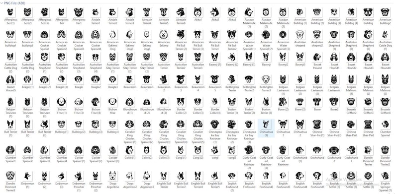 Pu&ograve; includere: Illustrazioni in bianco e nero di varie razze di cani, tra cui l'Affenpinscher, l'American Bulldog, l'Australian Shepherd, il Beagle, il Bloodhound, il Bulldog, il Cavalier King Charles Spaniel, il Chihuahua, il Clumber Spaniel, il Cocker Spaniel, il Corgi, il Curly Coated Retriever, il Bassotto, il Dobermann Pinscher, il Bulldog inglese, il Pointer inglese, e molti altri.