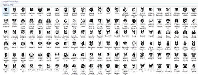 Pu&ograve; includere: Illustrazioni in bianco e nero di varie razze di cani, tra cui l'Affenpinscher, l'American Bulldog, l'Australian Shepherd, il Beagle, il Bloodhound, il Border Collie, il Bulldog, il Cavalier King Charles Spaniel e il Chihuahua.