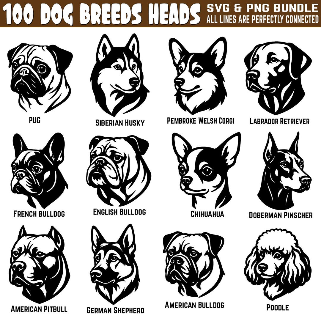 100 Dog Breeds SVG and PNG Bundle Designs | Dog Breeds Heads Silhouette ...