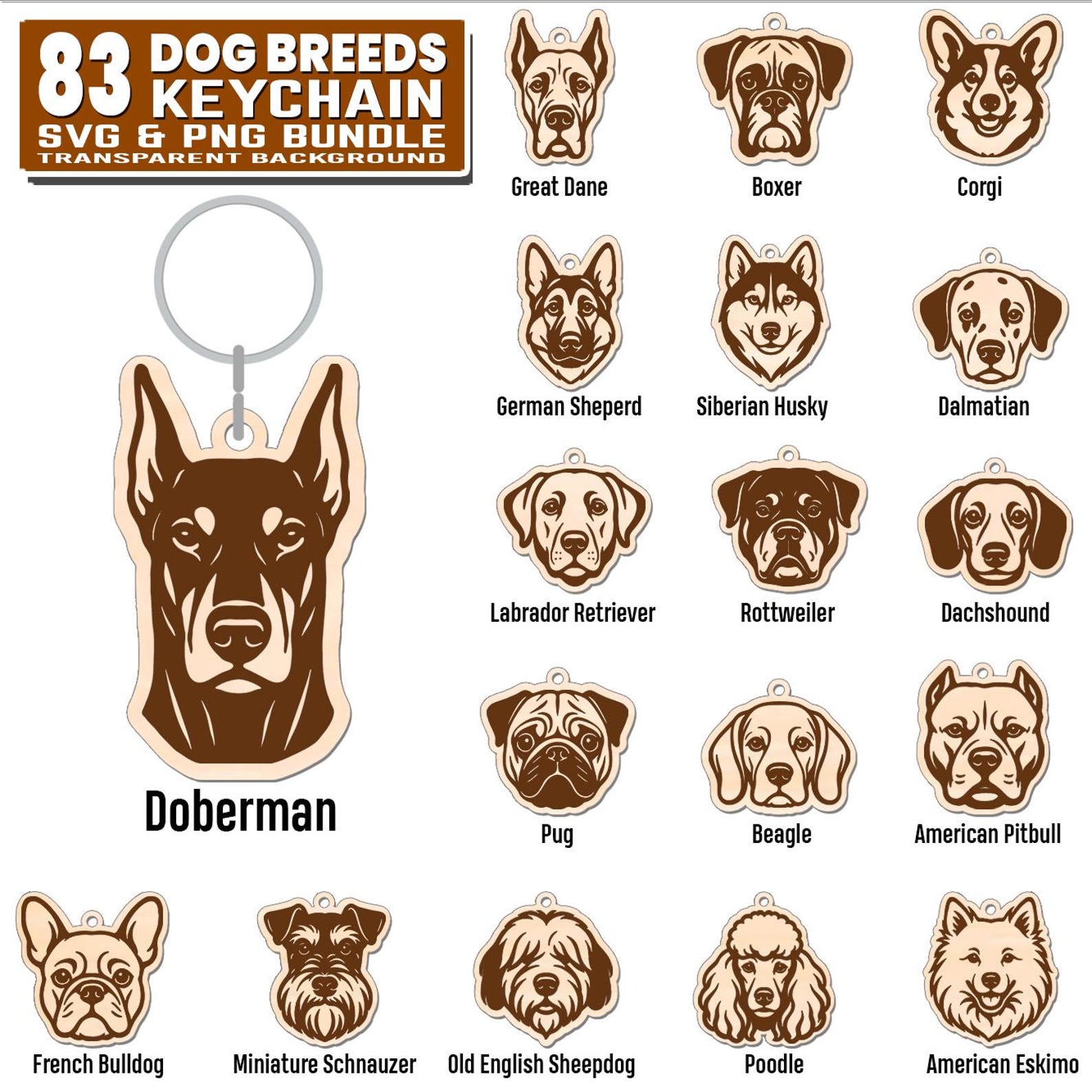 83 Dog Breeds Keychain SVG and PNG Bundle Designs | Dog Breeds Heads ...
