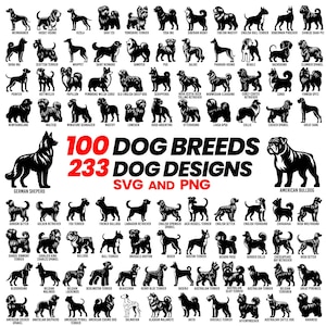 May include: A black and white graphic illustration of 100 different dog breeds. The image includes the text "100 Dog Breeds, 233 Dog Designs, SVG and PNG".