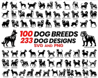 Pacchetto SVG PNG di 100 razze di cani: file di taglio Silhouette