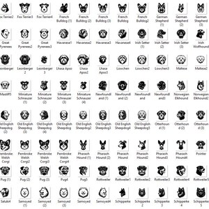 Pu&ograve; includere: Illustrazioni in bianco e nero di diverse razze di cani, tra cui l'Alaskan Malamute, il Bovaro Bernese, il Bloodhound, il Bulldog, il Bassotto, il Dobermann Pinscher, il Golden Retriever, il Dogue tedesco, il Labrador Retriever, il Barboncino, il Carlino, il Rottweiler e molti altri.