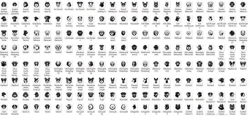 Pu&ograve; includere: Illustrazioni in bianco e nero di diverse razze di cani, tra cui l'Alaskan Malamute, il Bovaro Bernese, il Bloodhound, il Bulldog, il Bassotto, il Dobermann Pinscher, il Golden Retriever, il Dogue tedesco, il Labrador Retriever, il Barboncino, il Carlino, il Rottweiler e molti altri.
