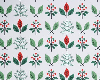 1950s Vintage Wallpaper by the Yard - Botanical Wallpaper with Green and Red Leaves on White, Mid Century Kitchen Wallpaper