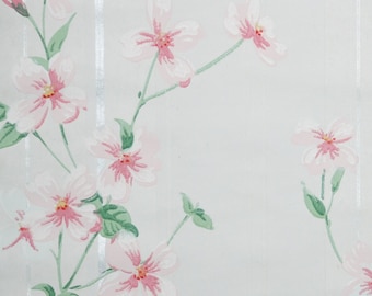 1940s Vintage Wallpaper by the Yard - Floral Vintage Wallpaper with Pink Flowers on White