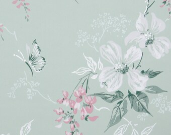 1940s Vintage Wallpaper by the Yard - Floral Wallpaper with White and Pink Flowers and Butterflies on Green