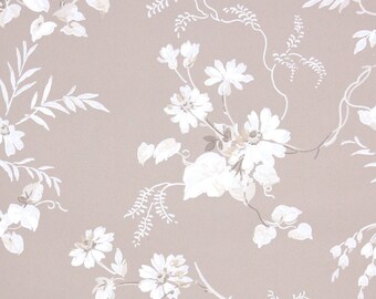 1950s Vintage Wallpaper by the Yard - Floral Wallpaper with White Flowers on Taupe Brown