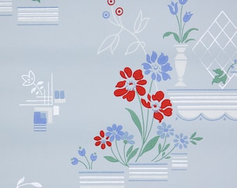 1940s Vintage Wallpaper by the Yard - Floral Kitchen Wallpaper with Red and Blue Flowers in Vases on Blue