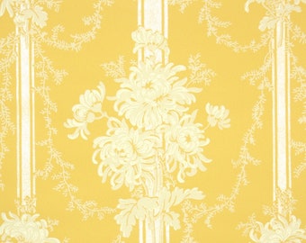 1940s Vintage Wallpaper by the Yard - Floral Wallpaper with Yellow Flowers on Ribbon Stripes