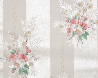 1940s Vintage Wallpaper by the Yard - Floral Wallpaper with Pink and White Flowers on Ivory Cream Stripes