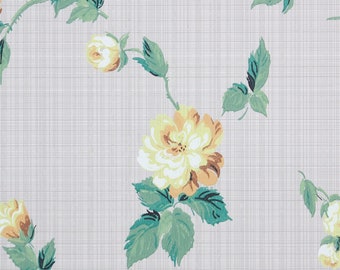 1950s Vintage Wallpaper by the Yard - Floral Wallpaper with Yellow Flowers on Gray