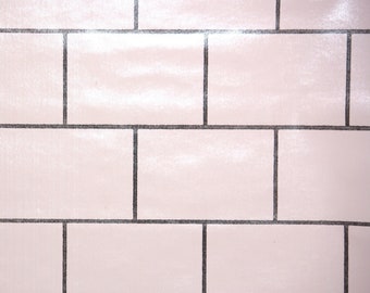 1940s Vintage Wallpaper by the Yard - Faux Tile Vintage Wallpaper Kitchen or Bathroom Tile Pink with Black Grout