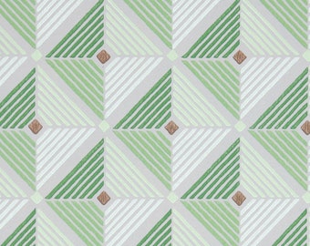 1950s Vintage Wallpaper - Mid Century Geometric with Green Lines and Squares on Gray