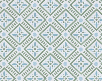 1950s Vintage Wallpaper by the Yard - 1950s Geometric Wallpaper Blue and Green on White