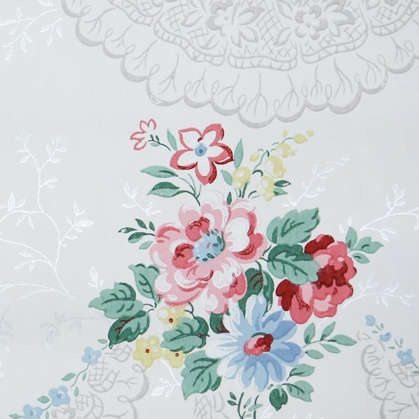 1950s Vintage Wallpaper by the Yard - Floral Vintage Wallpaper with Pink and Red Cabbage Rose and Blue Flowers Bouquets White Gray Lace Swag