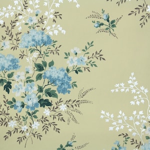 Papier peint vintage des années 1950 par jardin Bleu et Blanc Floral sur Jaune image 1