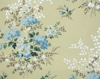 1950s Vintage Wallpaper by the Yard - Blue and White Floral on Yellow