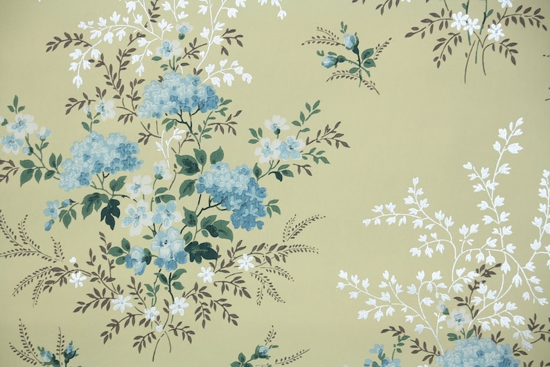 Papier peint vintage des années 1950 par jardin Bleu et Blanc Floral sur Jaune image 1