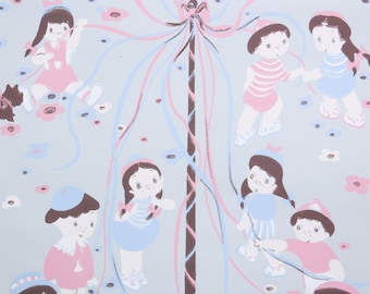 Papel pintado vintage de los años 50 cortado a medida - Papel pintado infantil rosa y azul Maypole para niños