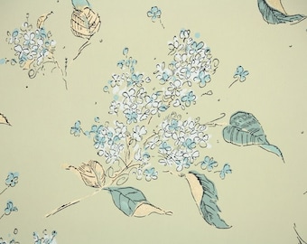 1950s Vintage Wallpaper by the Yard - Blue and White Lilacs with Green and Metallic Gold Leaves on Yellow