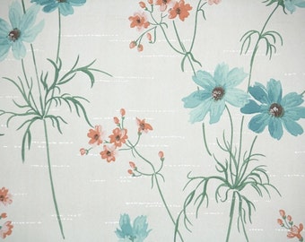 1950s Vintage Wallpaper by the Yard - Aqua Daisies and Orange Flowers on White, Floral Wallpaper