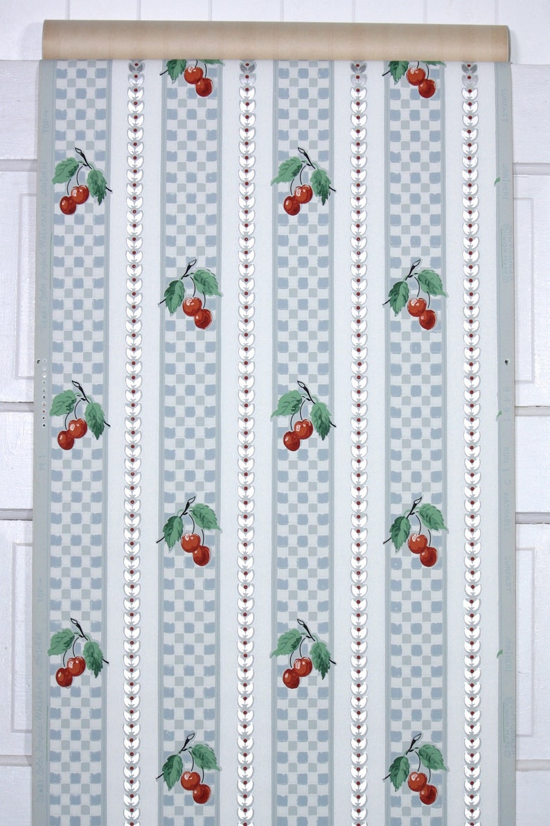 1950s Vintage Wallpaper by the Yard Kitchen Vintage Wallpaper Red Cherries on Blue Gingham Check Stripes