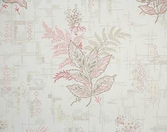 1950s Vintage Wallpaper by the Yard - Pink and Brown Leaves on White, Botanical Wallpaper