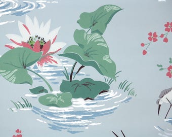 1940s Vintage Wallpaper by the Yard - Pink and White Water Lily with Gray Crane on Blue Bathroom Wallpaper with Birds