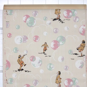 1930s Vintage Wallpaper by the Yard Childrens Wallpaper Boy and Girl Figures Playing with Pastel Bubbles of Pink Lavendar White and Mint image 2