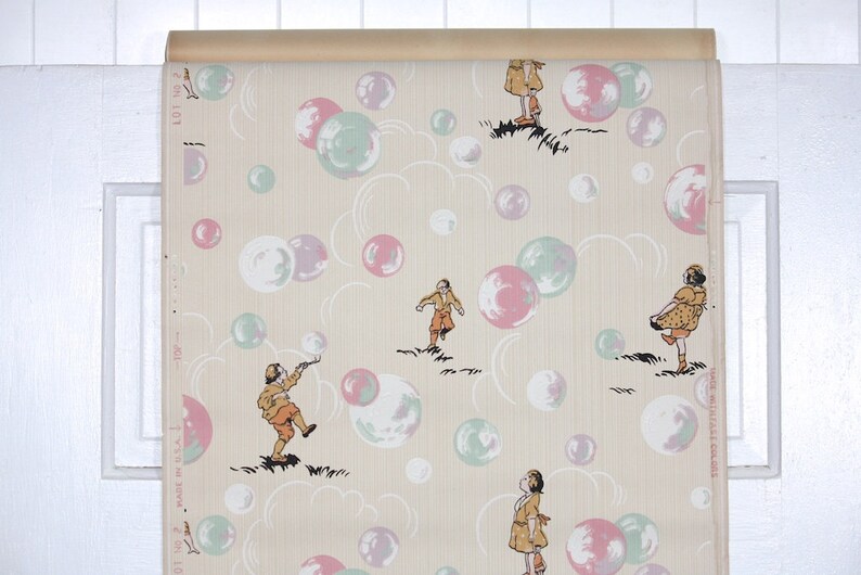 1930s Vintage Wallpaper by the Yard Childrens Wallpaper Boy and Girl Figures Playing with Pastel Bubbles of Pink Lavendar White and Mint image 2