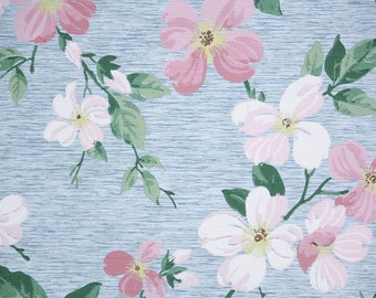 1950s Vintage Wallpaper by the Yard - Floral Wallpaper with Pink Dogwood Flowers on Blue