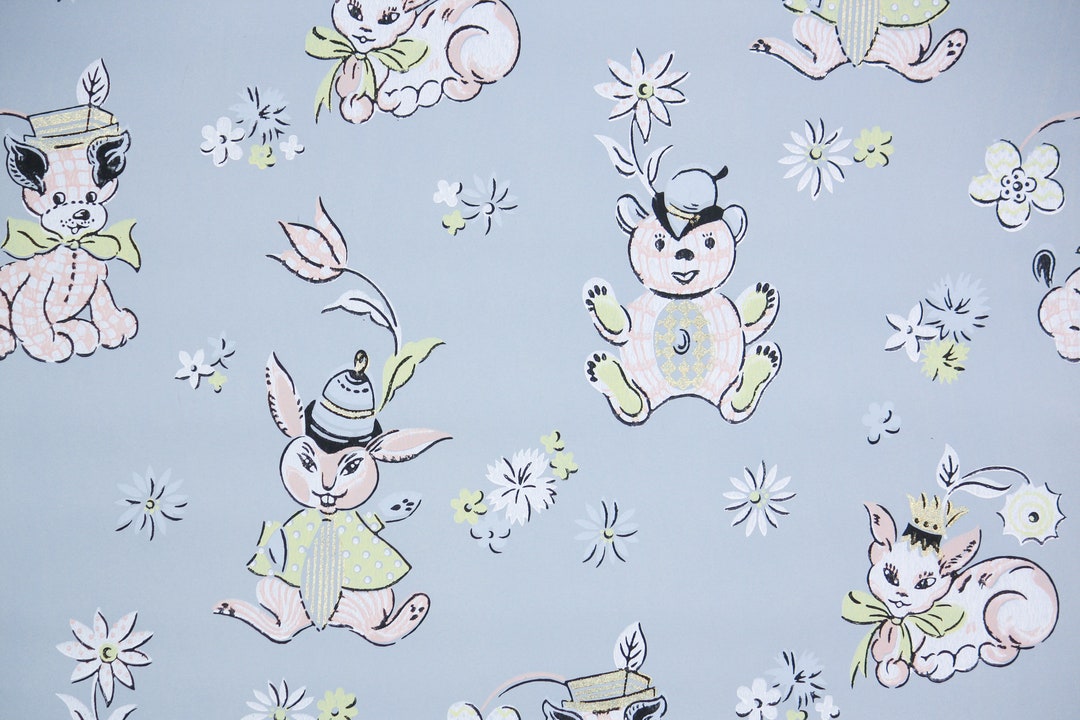 1940s Vintage Wallpaper by the Yard -stuffed Animals Pink and Blue ...