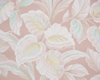 1940s Vintage Wallpaper by the Yard - Botanical Wallpaper with Pastel Tropical Leaves on Peach