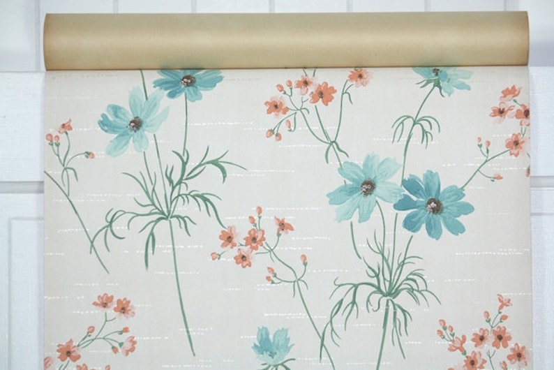 1950s Vintage Wallpaper by the Yard Aqua Daisies and