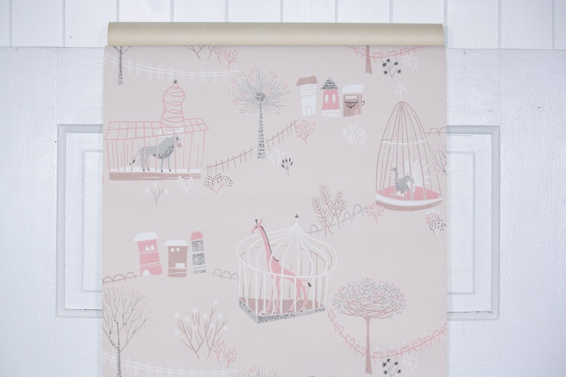 1950s Vintage Wallpaper by the Yard Retro Childrens Wallpaper with Zoo Animals and Giraffes on Pink image 2