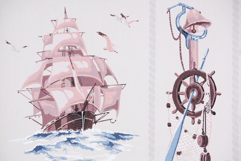 1950s Vintage Wallpaper by the Yard Pink and Blue Ships Nautical Bathroom Wallpaper Novelty Design image 1
