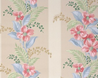 1940s Vintage Wallpaper by the Yard - Floral Wallpaper with Pink Dogwood Blue Leaves and Green Fern