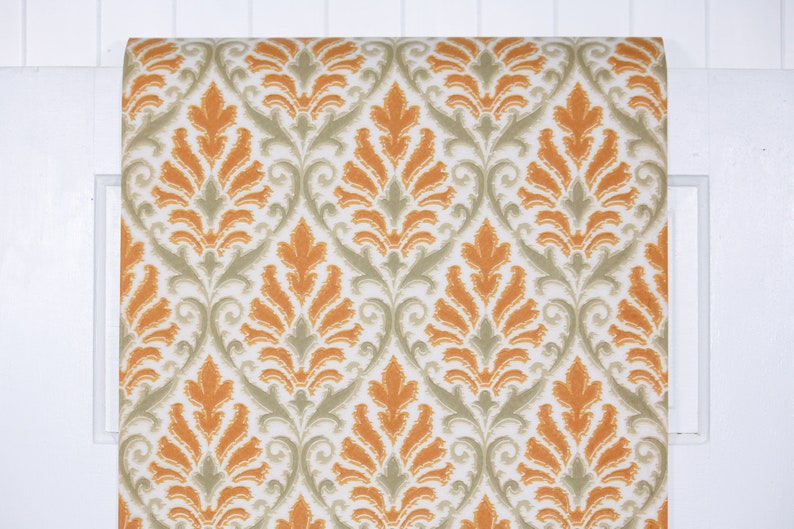 Papel tapiz vintage de la década de 1960 cortado a medida Papel tapiz retro de damasco con diseño verde y naranja imagen 2