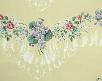 1940s Vintage Wallpaper by the Yard - Floral Wallpaper Violets and Rose Lace Garland on Yellow