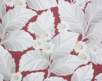 1950s Vintage Wallpaper by the Yard - Botanical Wallpaper with Big Tropical Gray Leaves and Yellow Flowers on Red