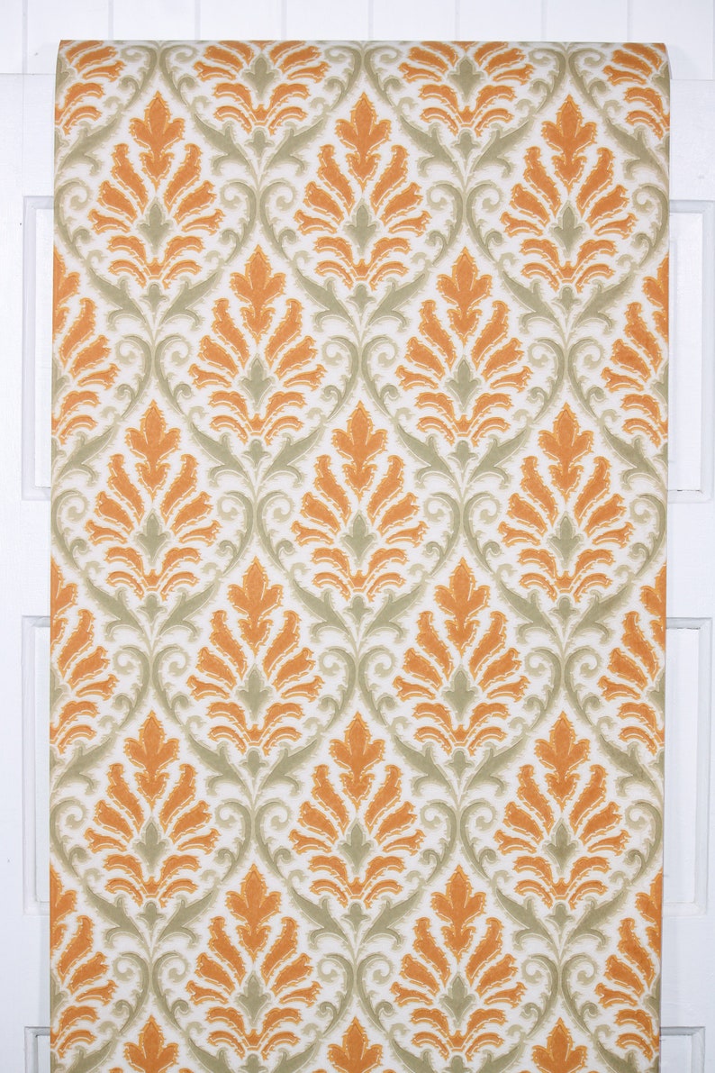 Papel tapiz vintage de la década de 1960 cortado a medida Papel tapiz retro de damasco con diseño verde y naranja imagen 3