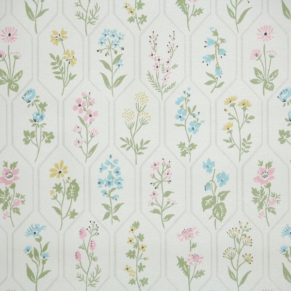 1940er Jahre Vintage Tapete bulk-Lager - rosa blau und gelb Frühlingsblumen, Floral Tapete